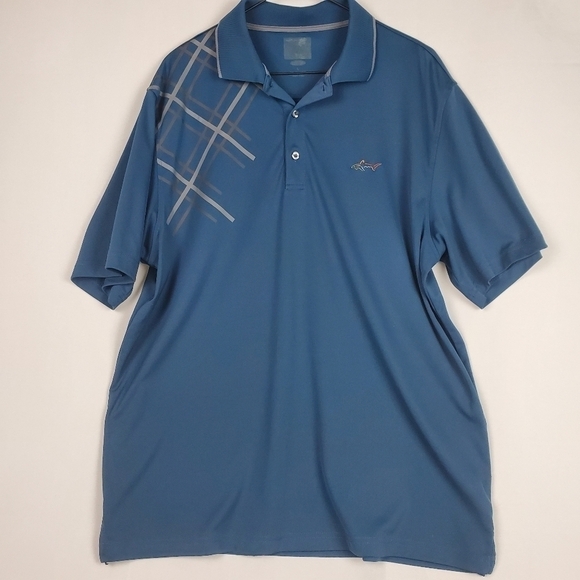 Greg Norman Polo Golf Shirt L Blue Short Sleeve Button Up Design Shark - Picture 1 of 5